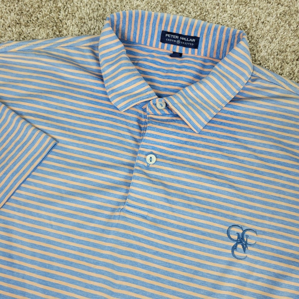 Peter Millar Crown Crafted Mens Large Blue Orange Striped Performance Polo